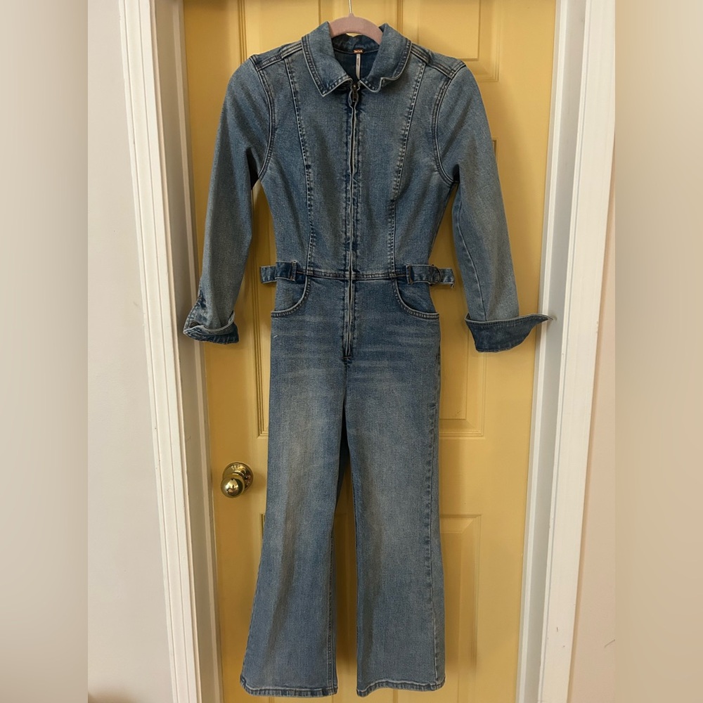 Free People Washed Blue Denim Jumpsuit